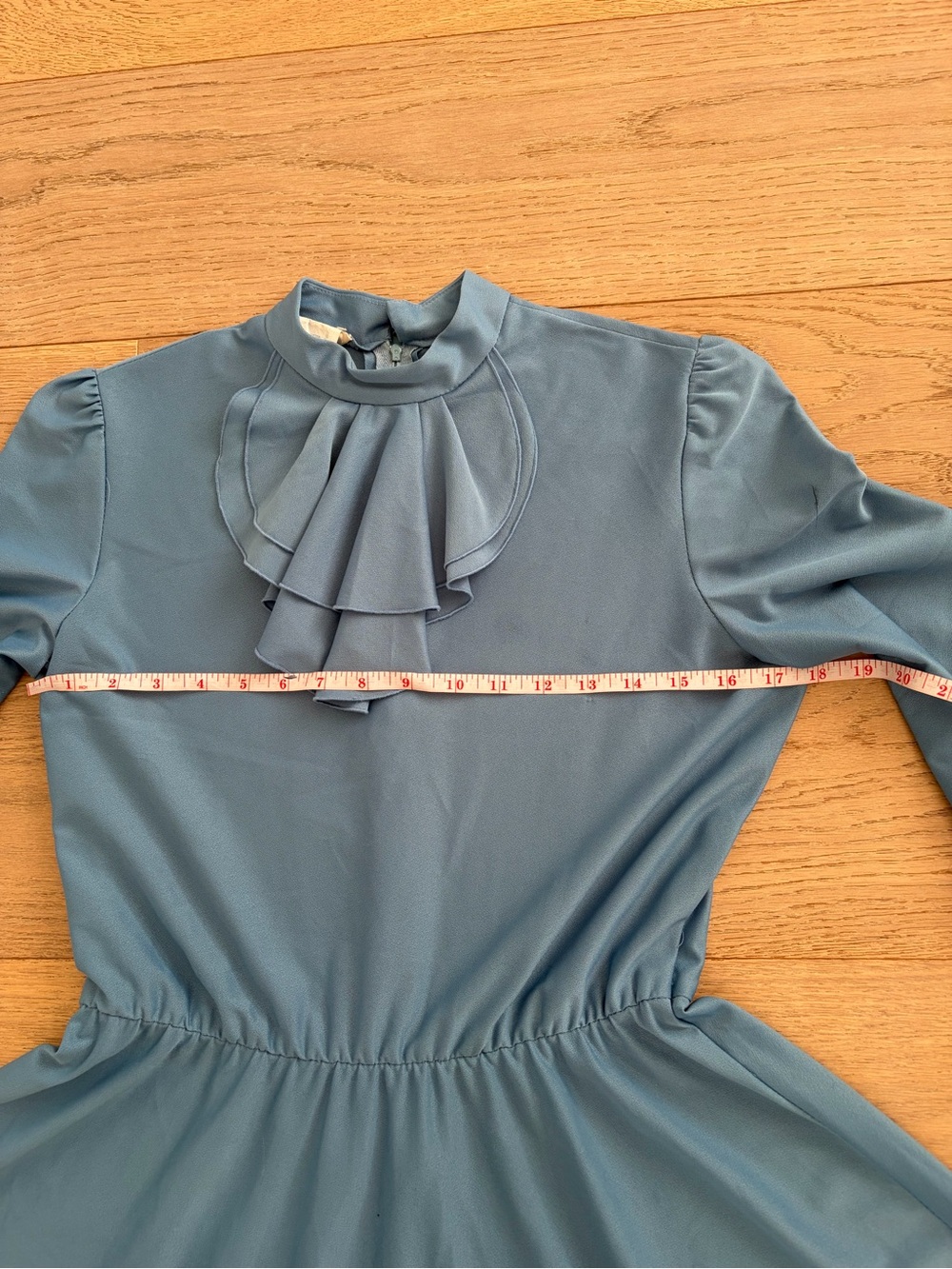 Vintage Dusty Blue Long-Sleeve Ruffle-Neck Fit-and-Flare Dress - Picture 7 of 7